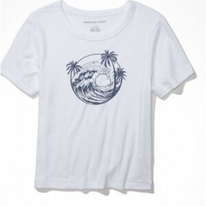 Like-new AE Graphic Baby Tee - Natural White with Blue wave and palm tree print